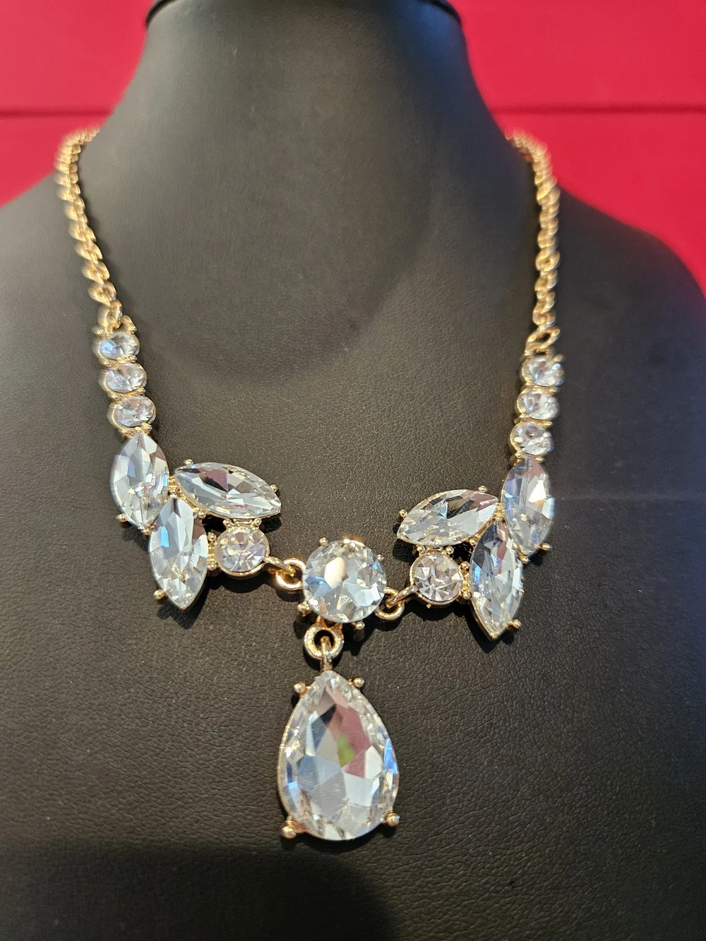 paparazzi Gold-Tone Clear Crystal Teardrop Statement Necklace